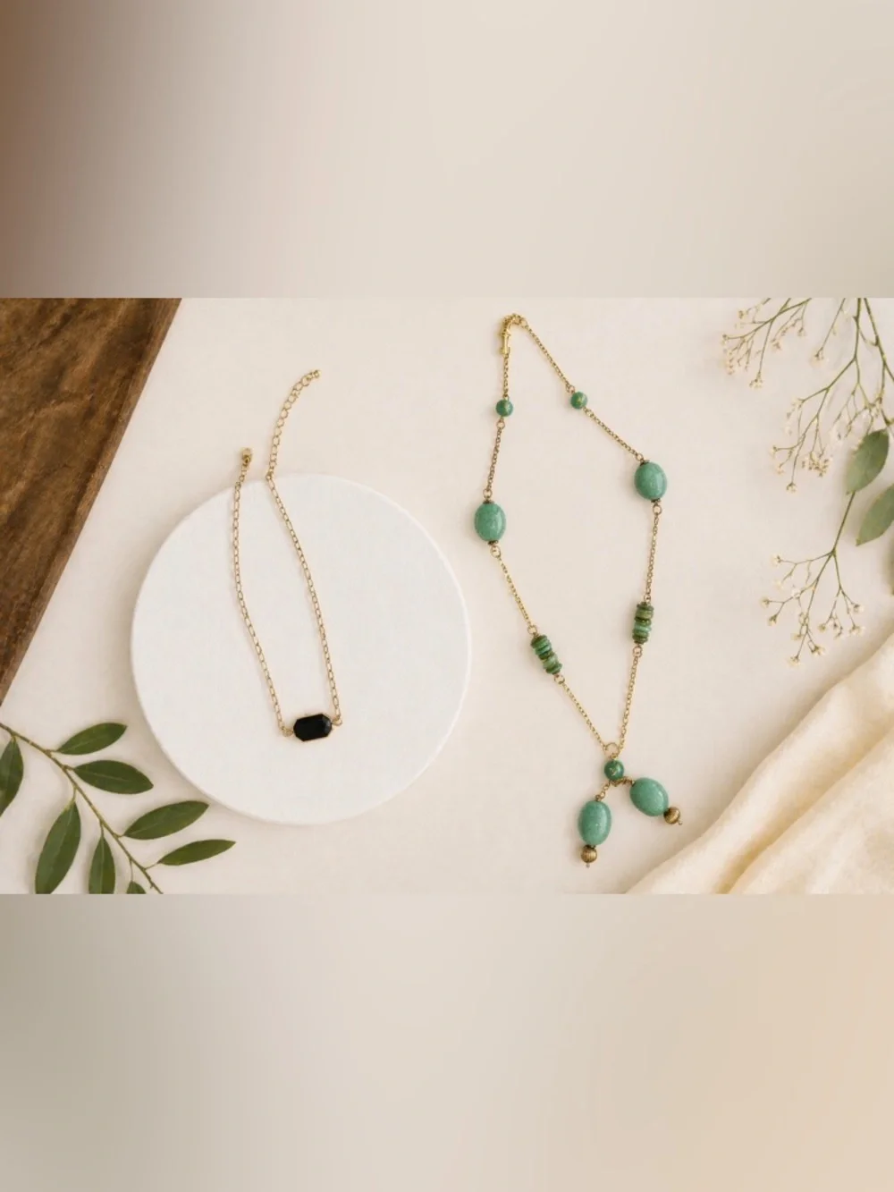 Gold Tone Necklace Bundle Set Black Pendant & Green Stone Necklace Boho‎ Jewelry